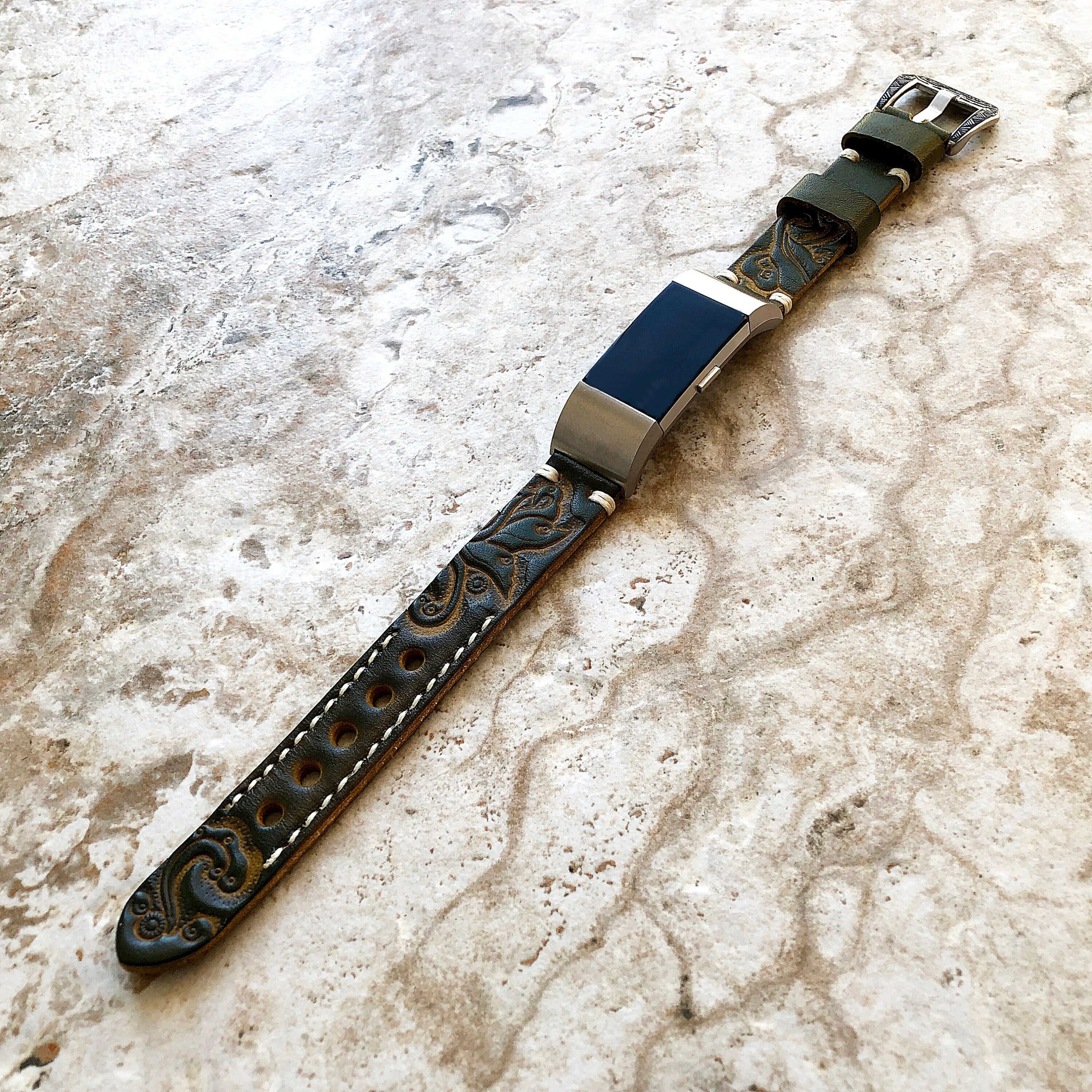 Fitbit Charge 6 5 4 3 Green Yellow Leather Band for Fitness Tracker Tooled Embossed Handmade Strap Bracelet Wristband Adapters Quick Release